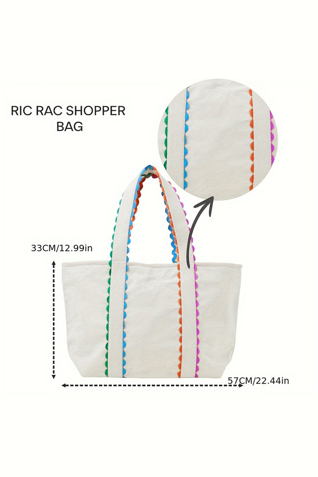 Pink Colorful Ricrac Detail Canvas Tote Bag