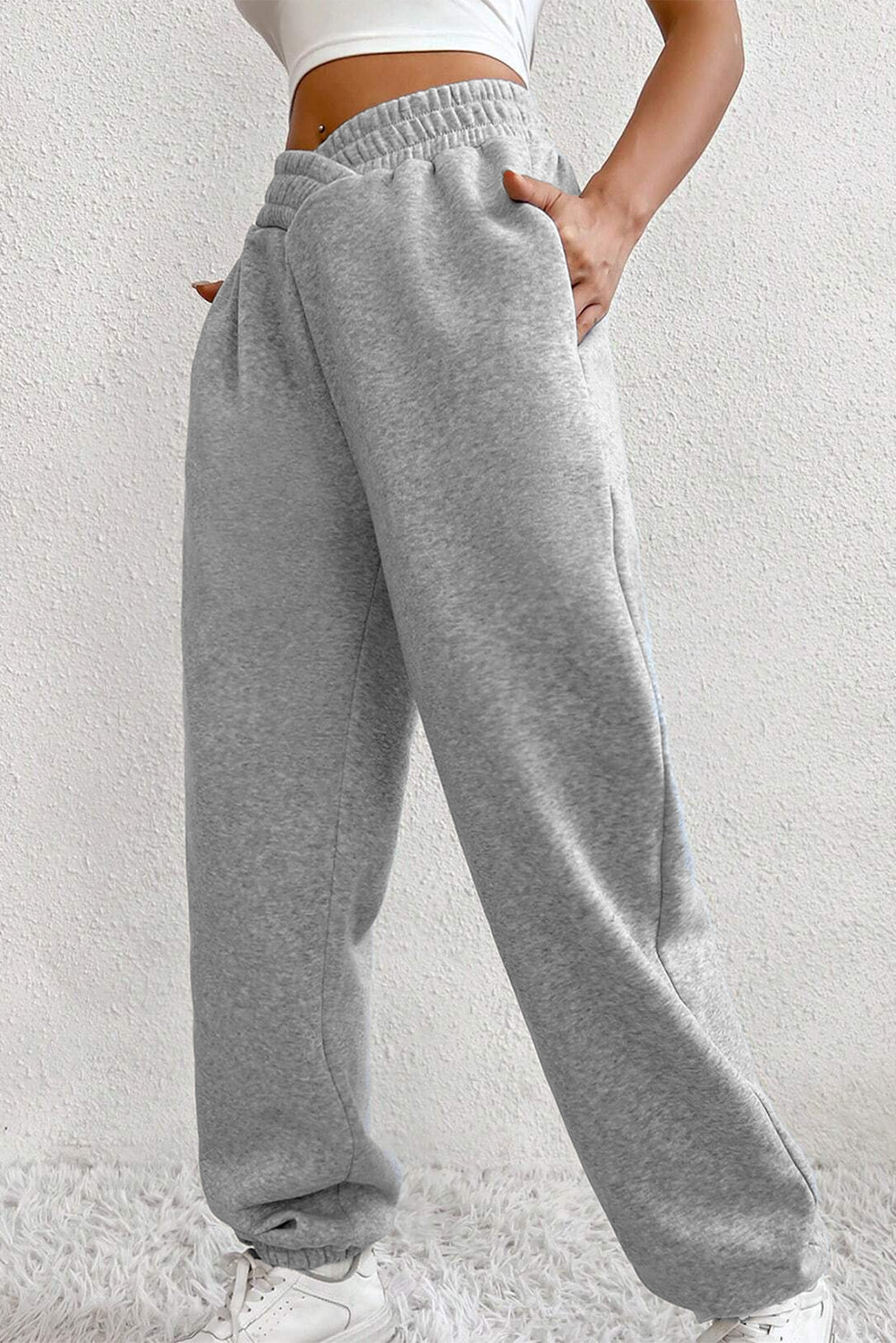 Light Grey Solid Color Crisscross Elastic Waist Sweatpants