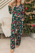 Green Holiday Print Pocket Detail Long Sleeve Collar Lounge Set