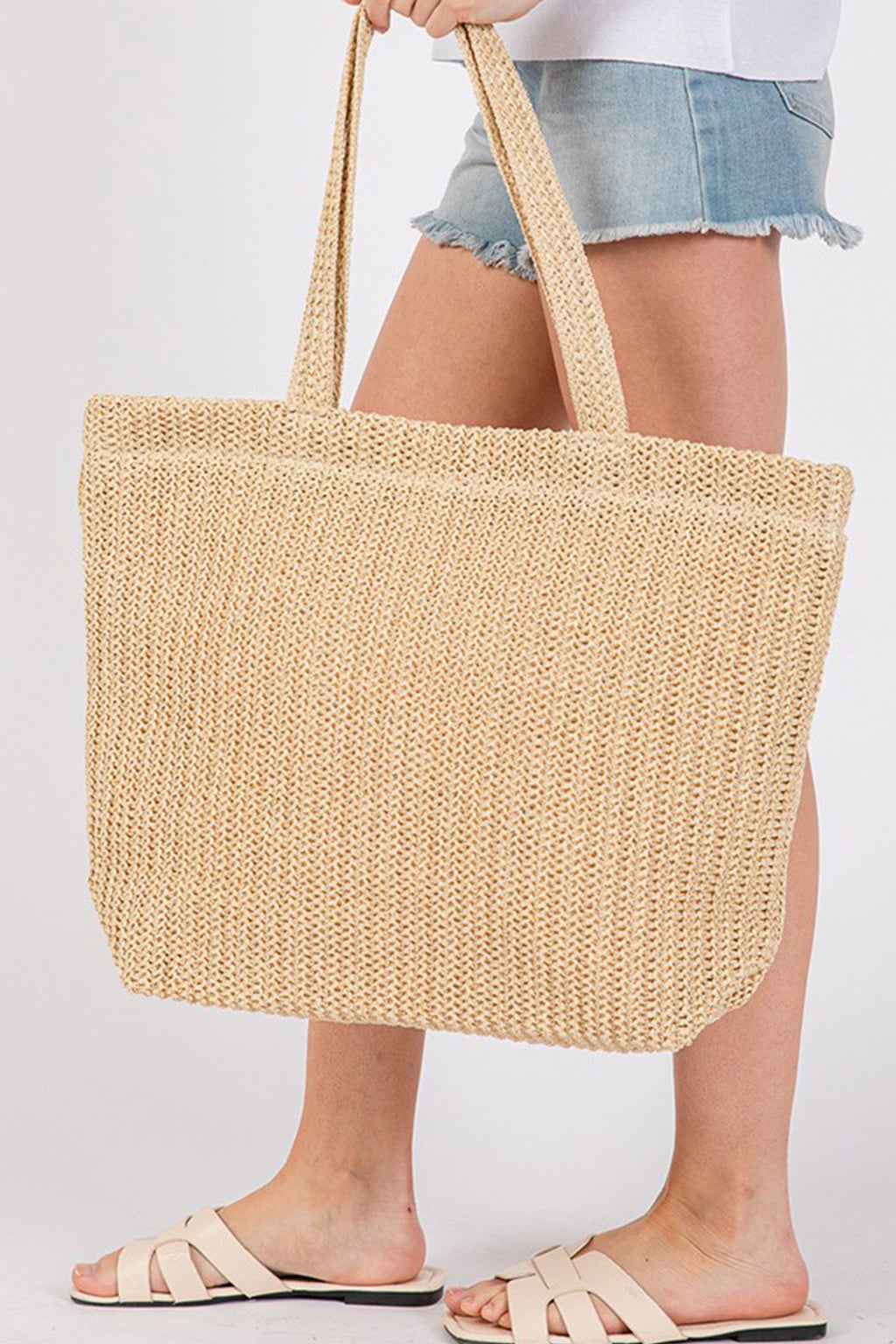 Camel Solid Color Straw Woven Summer Beach Tote Bag