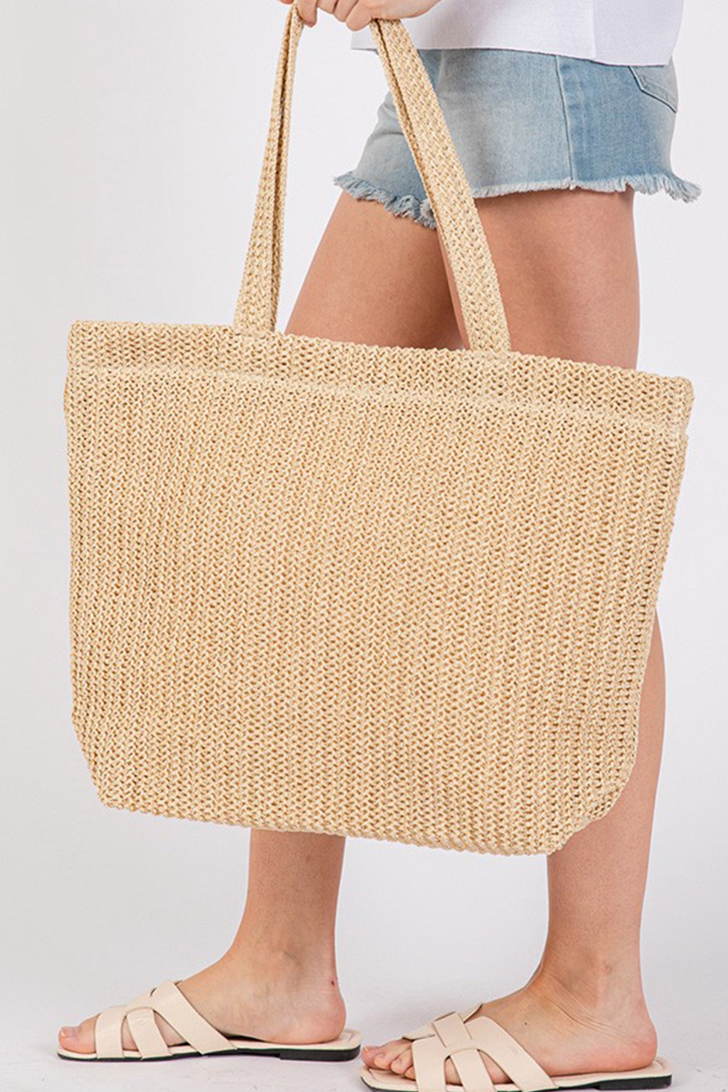 Camel Solid Color Straw Woven Summer Beach Tote Bag