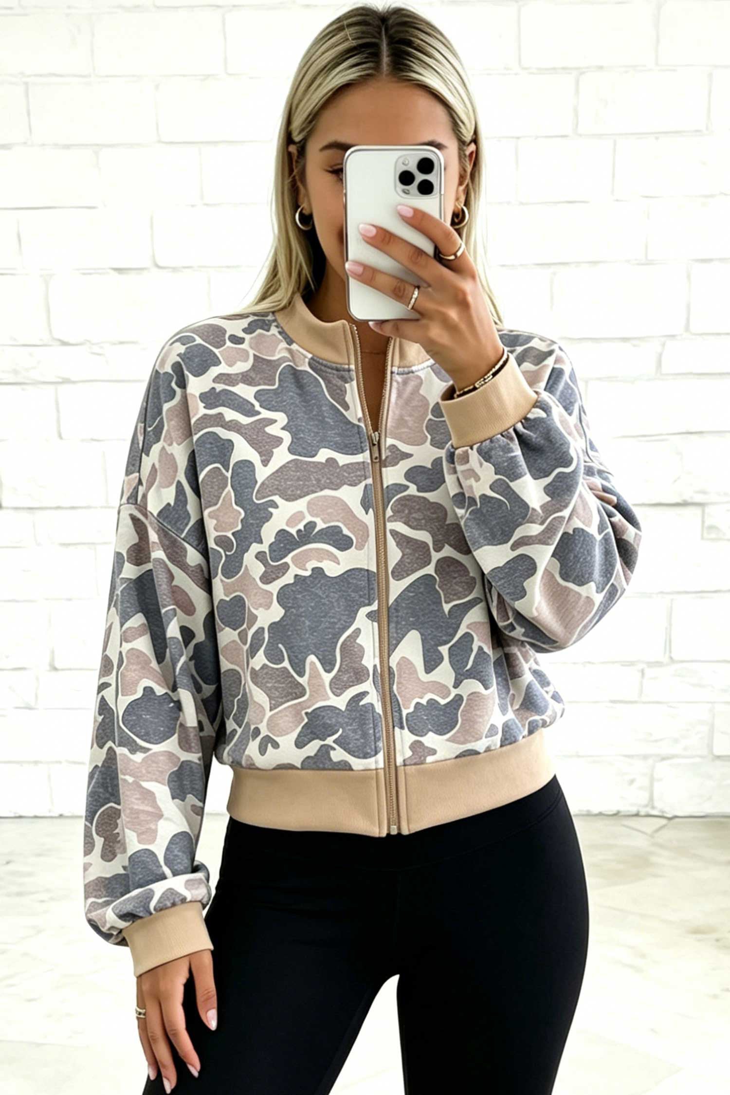 Multicolour Camouflage Print Color Block Trim Zip Bomber Sweatshirt