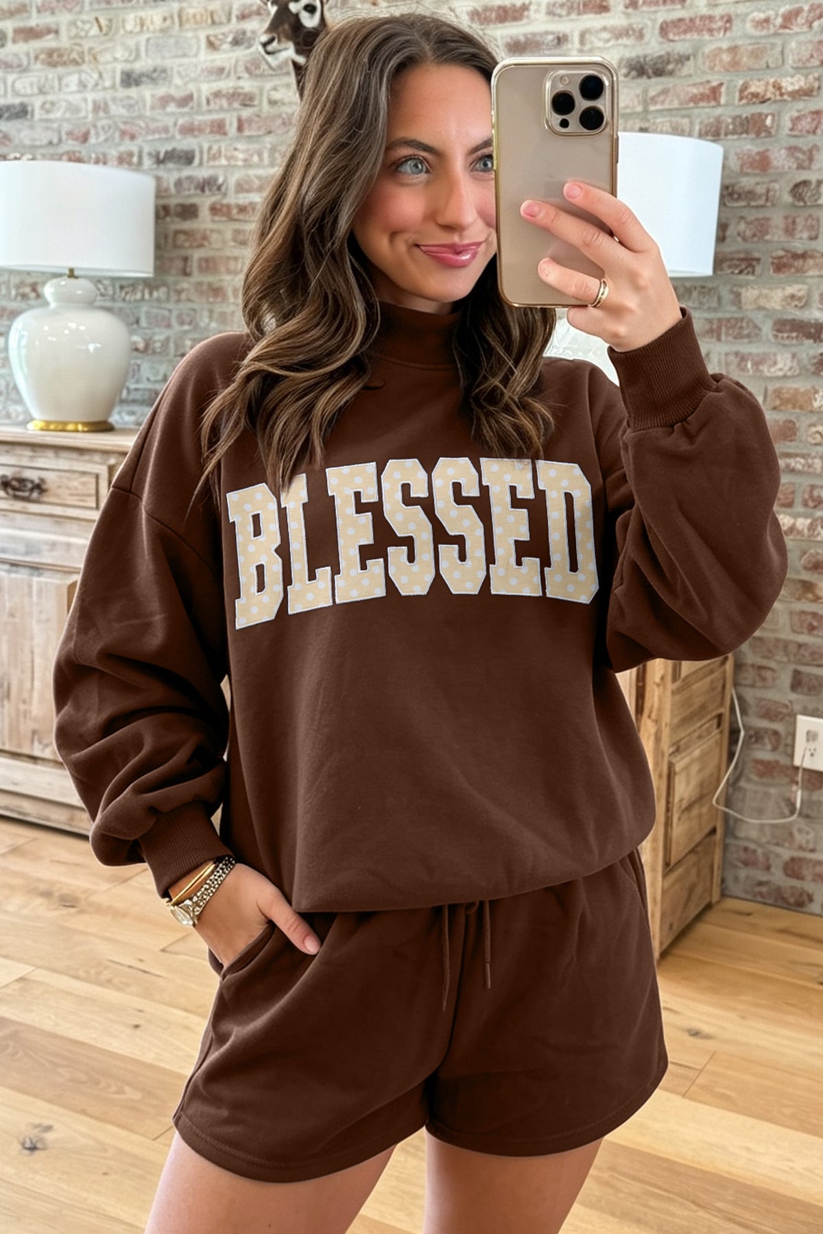 Dark Green Christmas Slogan Print Mock Neck Pullover and Shorts Set