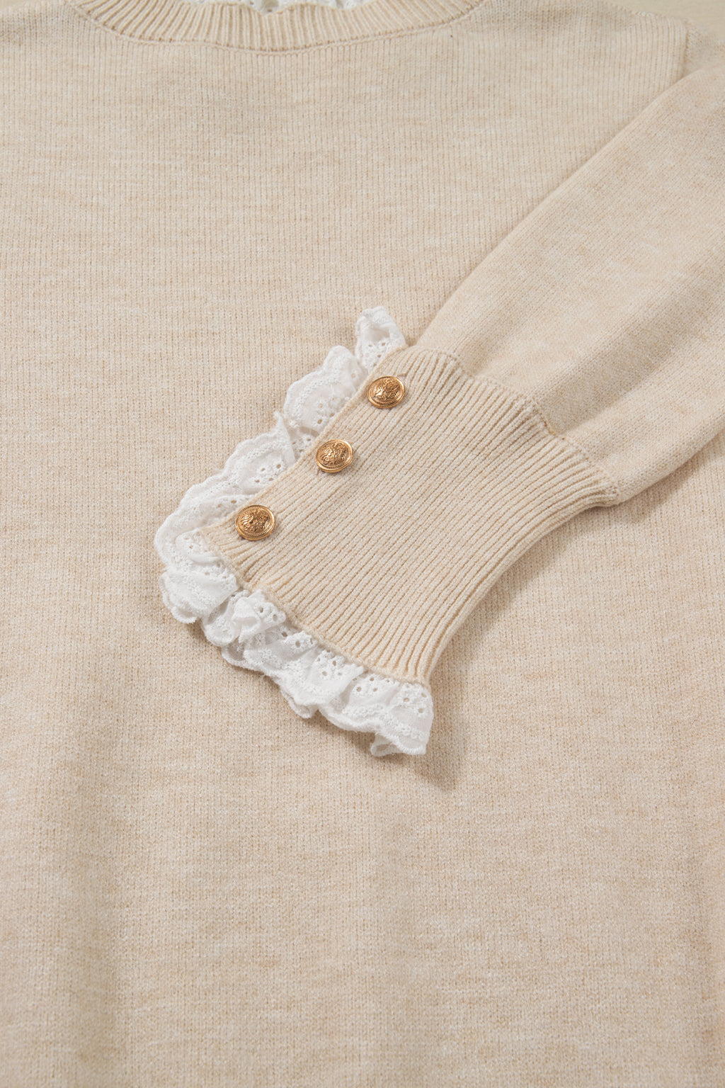 Jet Stream Lace Trim Patchwork Buttoned Cuffs Loose Sweater