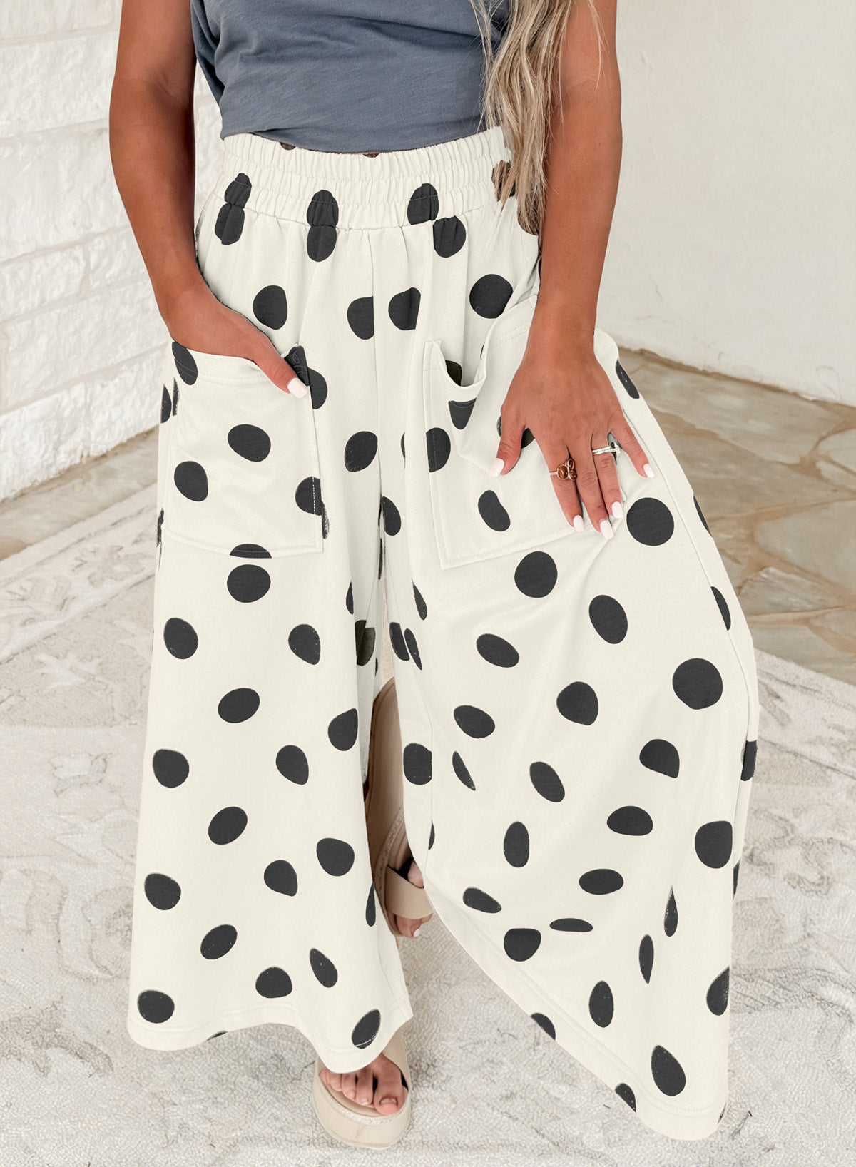 Sky Blue Polka Dot Wide Leg Elastic Waist Casual Pants