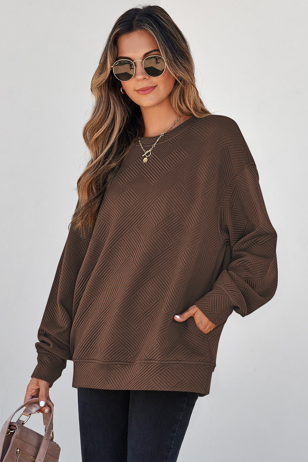 Jungle Green Solid Color Textured Round Neck Drop Shoulder Pullover Sweatshirt