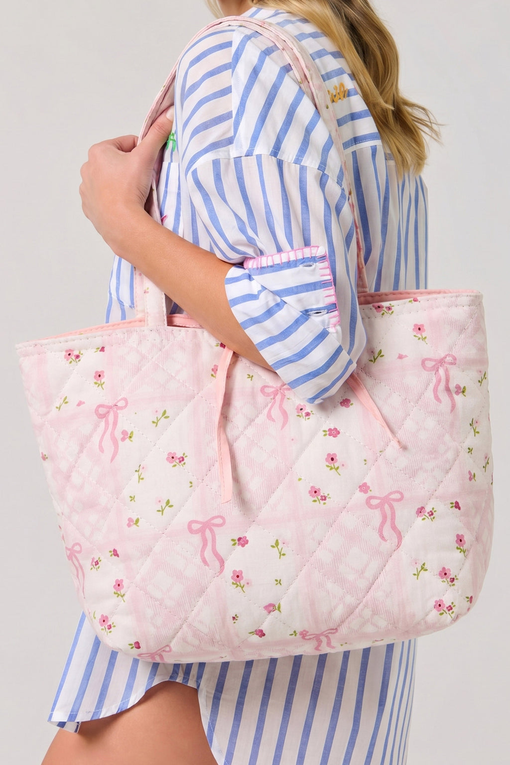 Pink Floral Bow Pattern Quilted Cotton Tote Bag