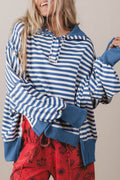 Blue Stripe Color Block Trim Raw Seam Split Hem Loose Pullover Sweatshirt