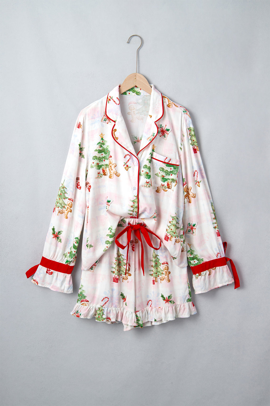 Pink Abstract Christmas Print Long Sleeve Two Piece Shift Lounge Set