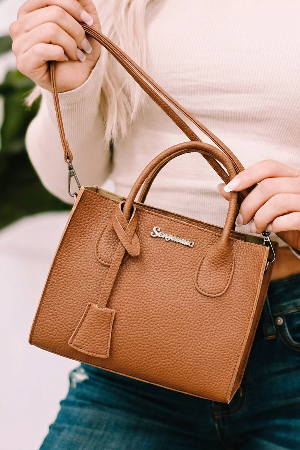 Camel Minimalist PU Leather Handle Shoulder Bag