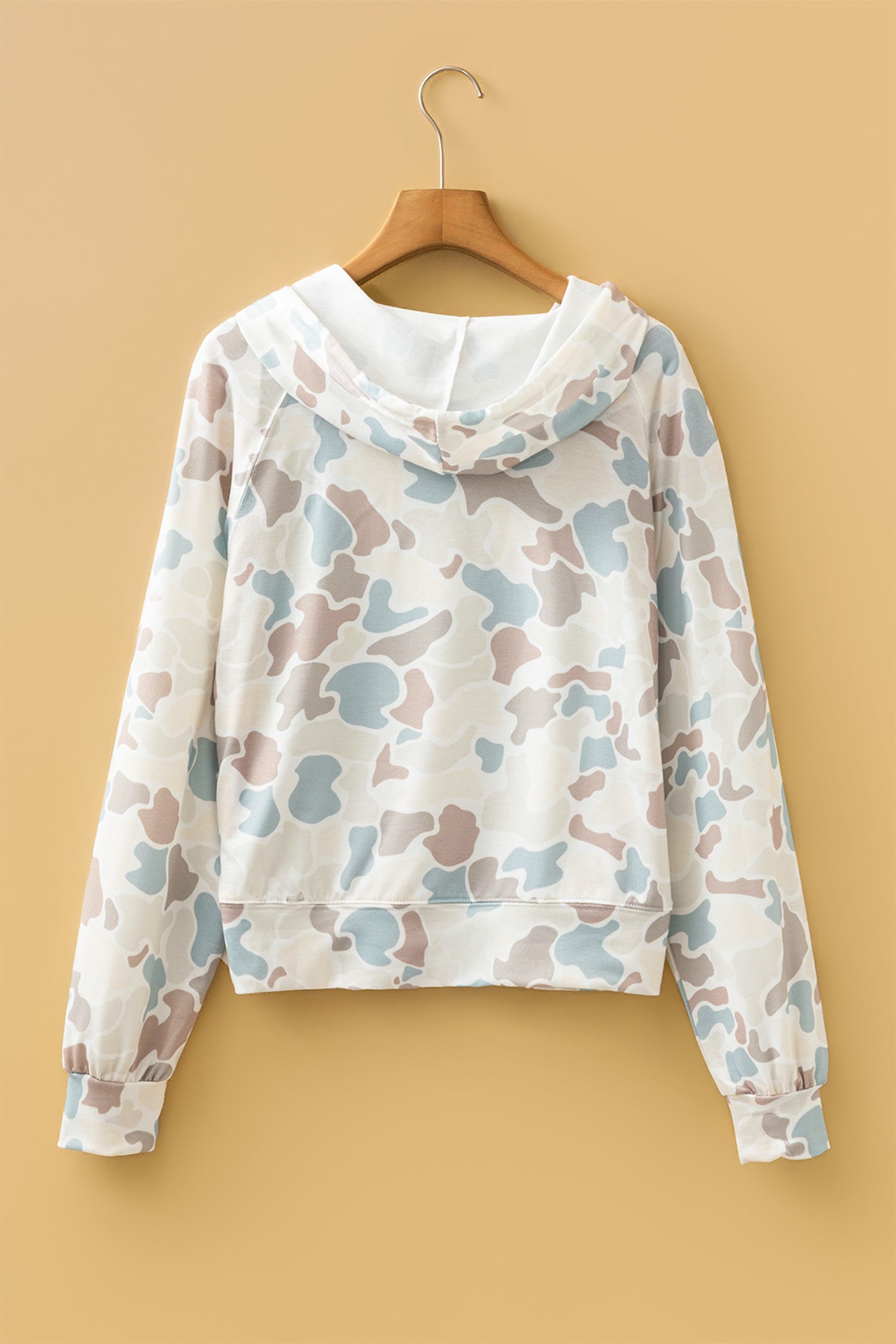 Beige Camouflage Print Long Sleeve Hooded Pullover Casual Top