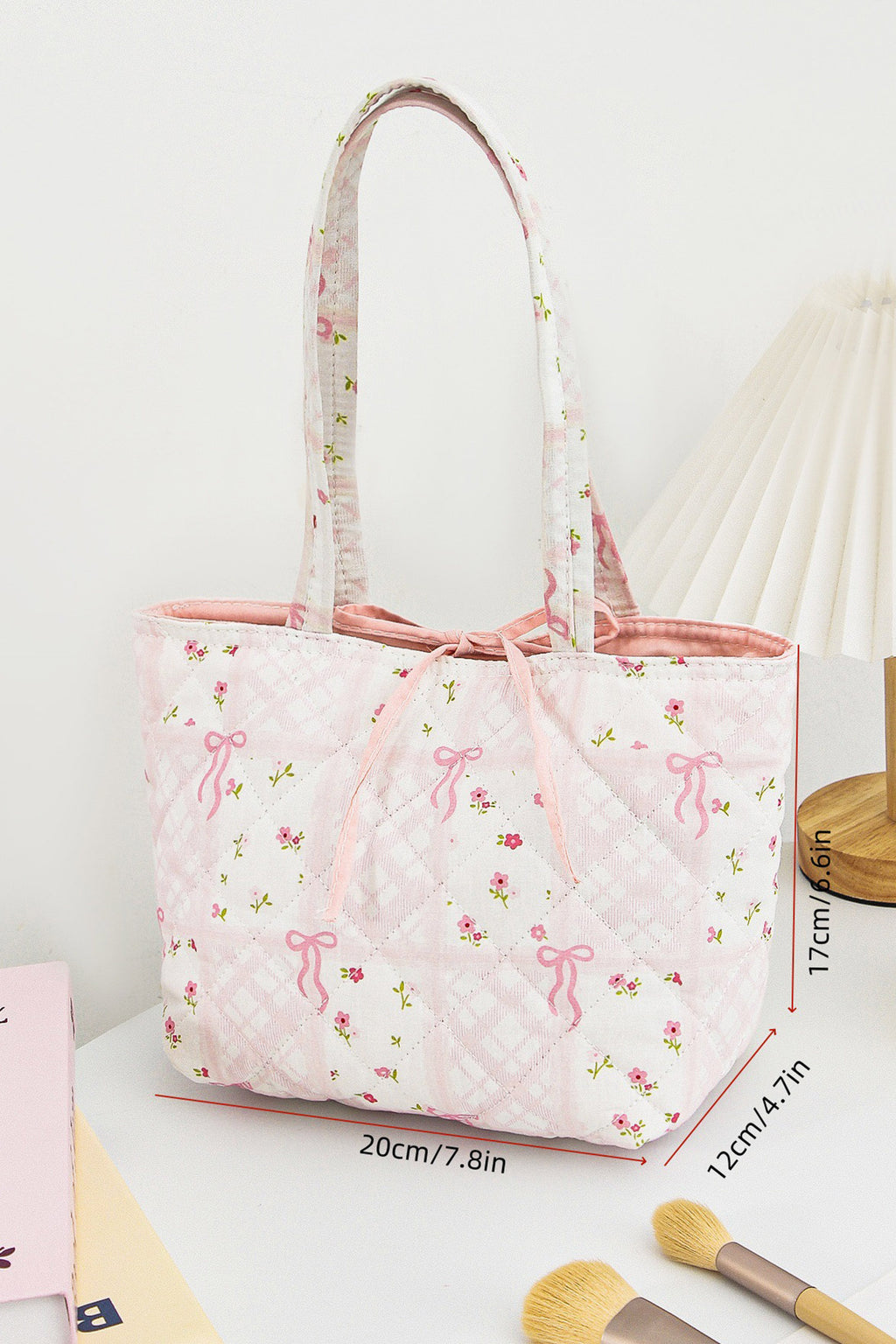 Pink Floral Bow Pattern Quilted Cotton Tote Bag