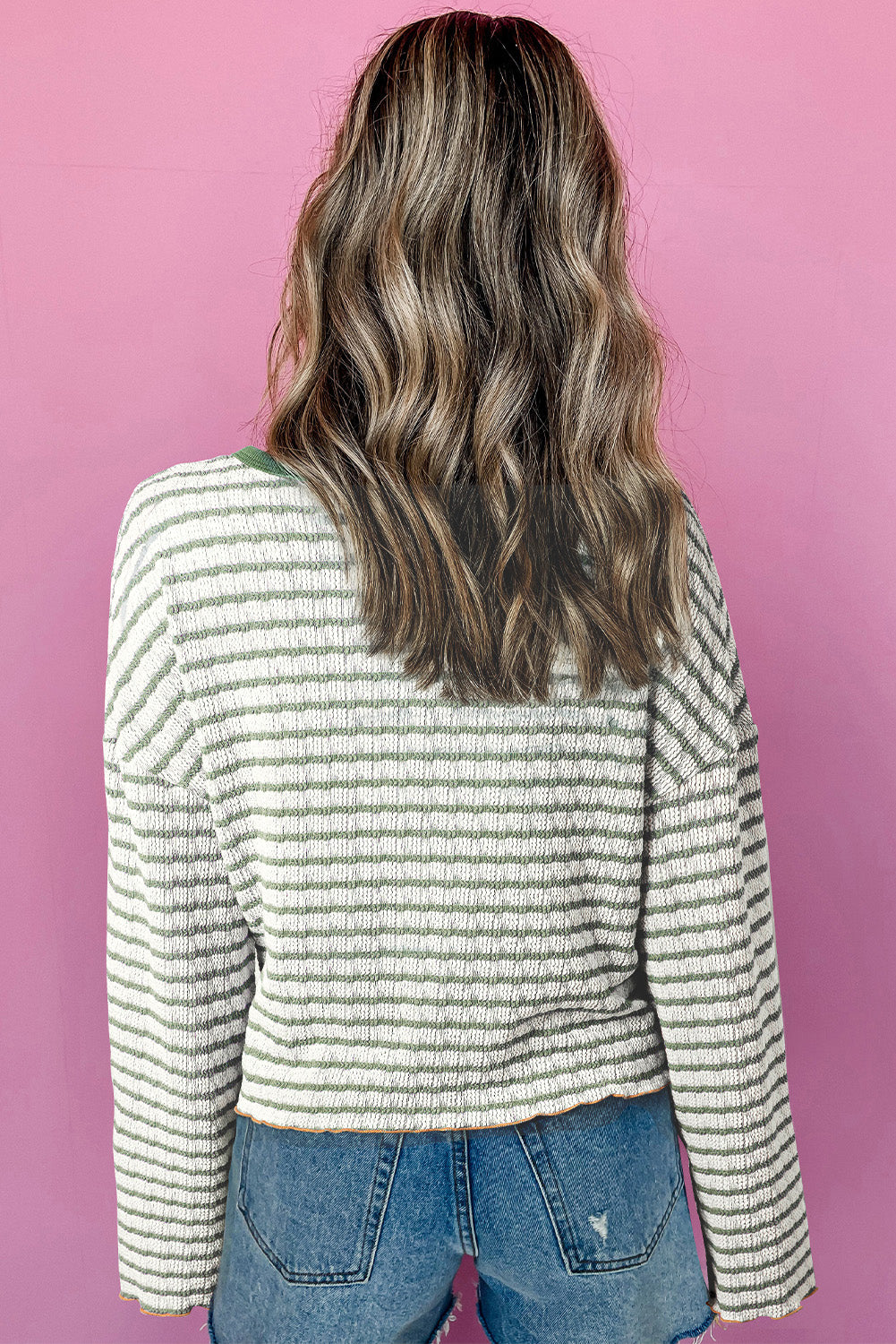 Brown Stripe Textured Frilly Trim Buttons Henley Long Sleeve Top