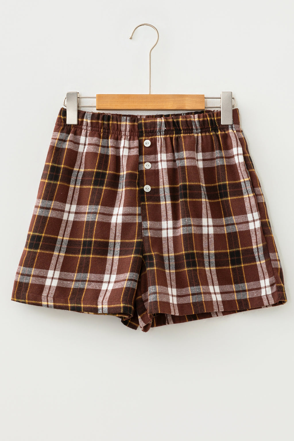 Brown Plaid Button Front Elastic Waist Shorts