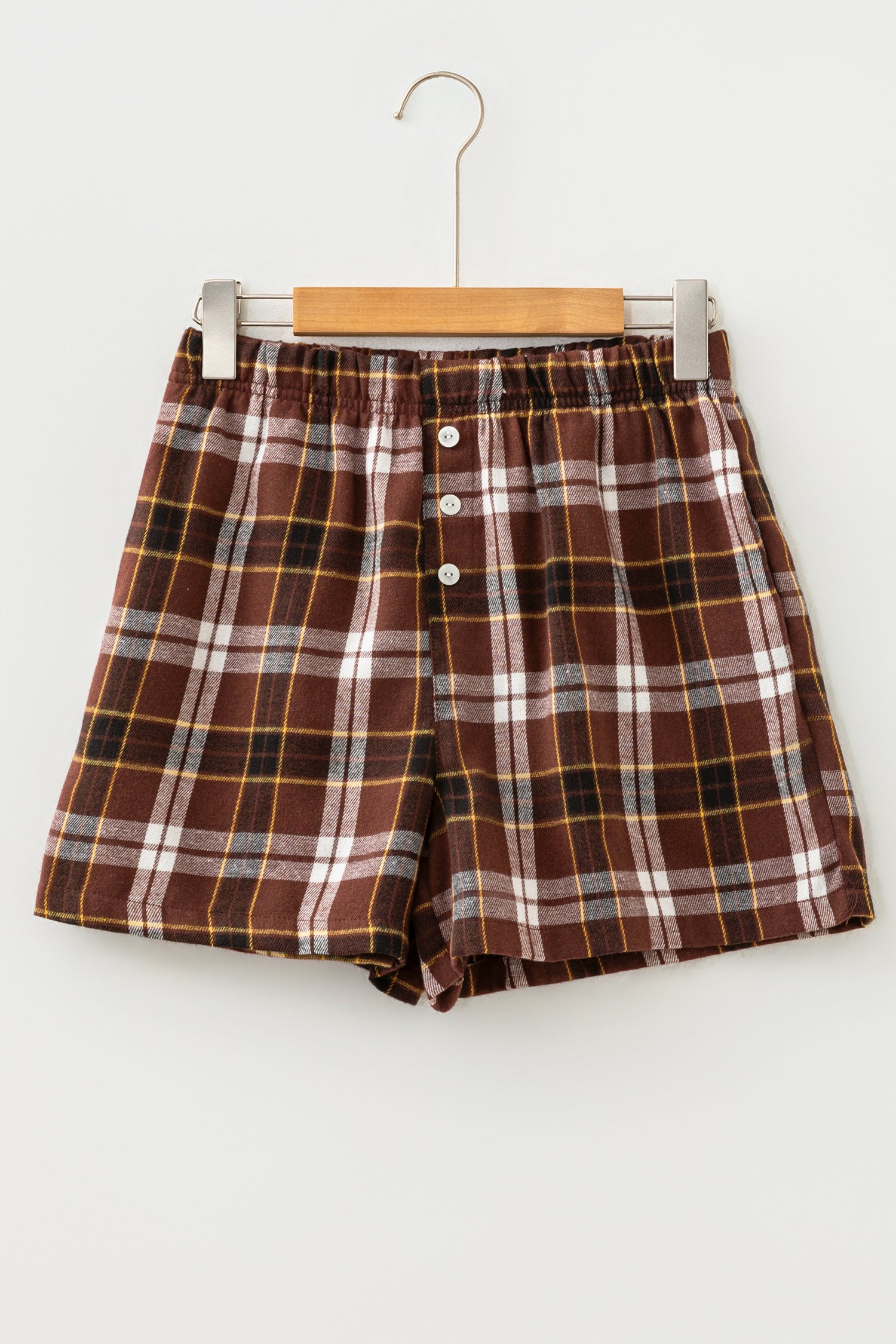 Brown Plaid Button Front Elastic Waist Shorts