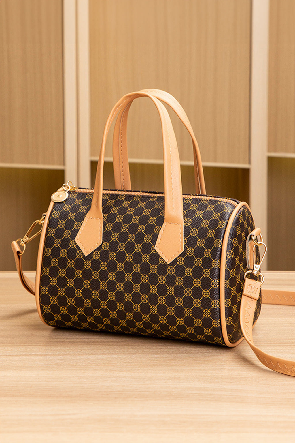 Coffee Retro Geometric Print Portable Shoulder Strap PU Leather Bag