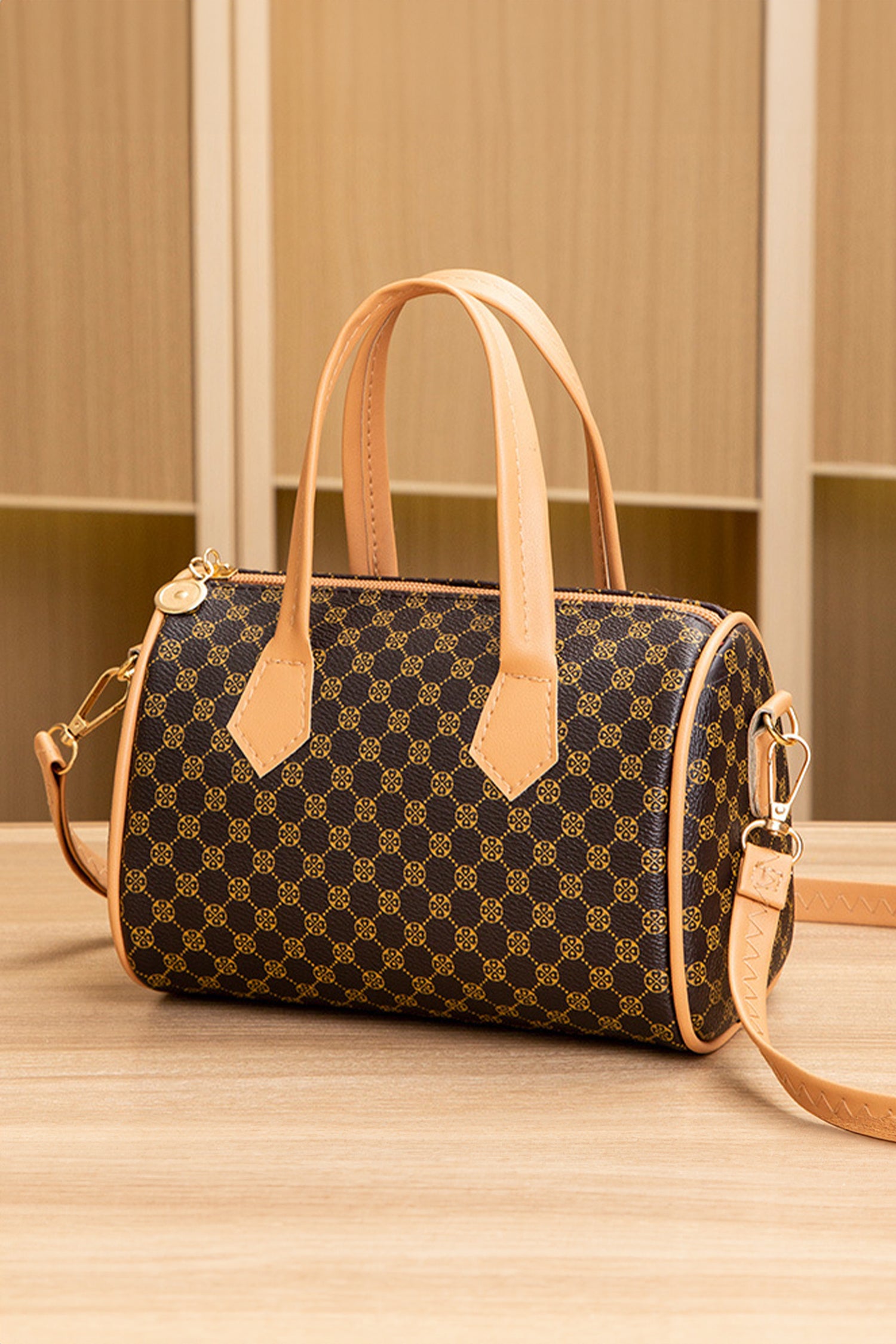 Coffee Retro Geometric Print Portable Shoulder Strap PU Leather Bag
