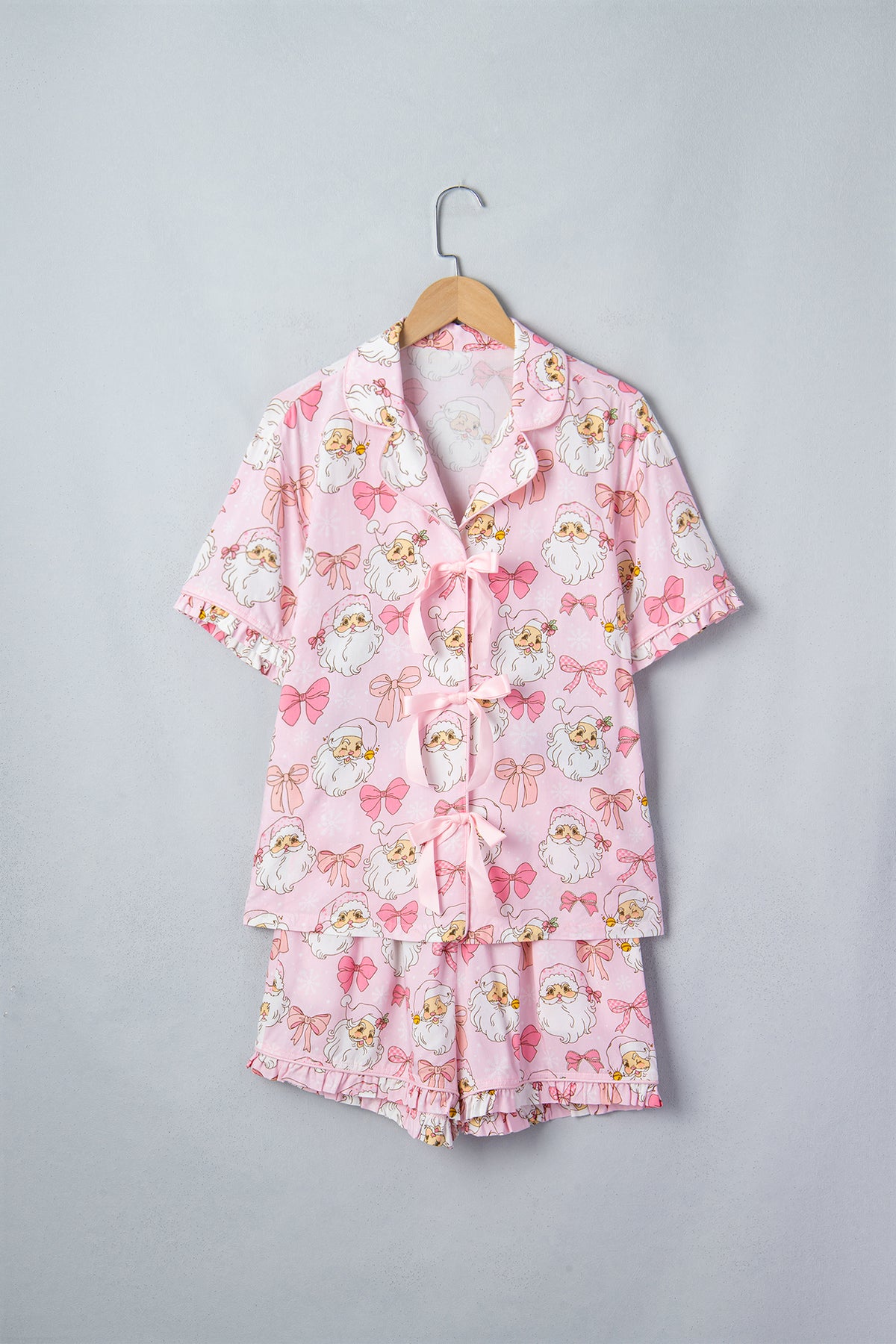 Pink Santa Print Paneling Shift Silhouette Short Sleeve Lounge Set