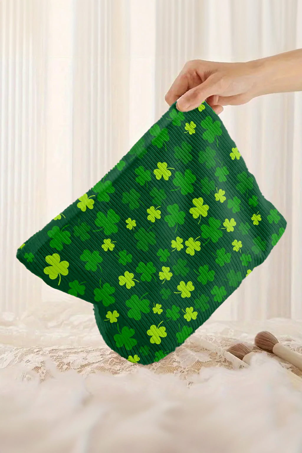 White St Patricks Lucky Clover Printed Soft Ribbed Makeup Bag