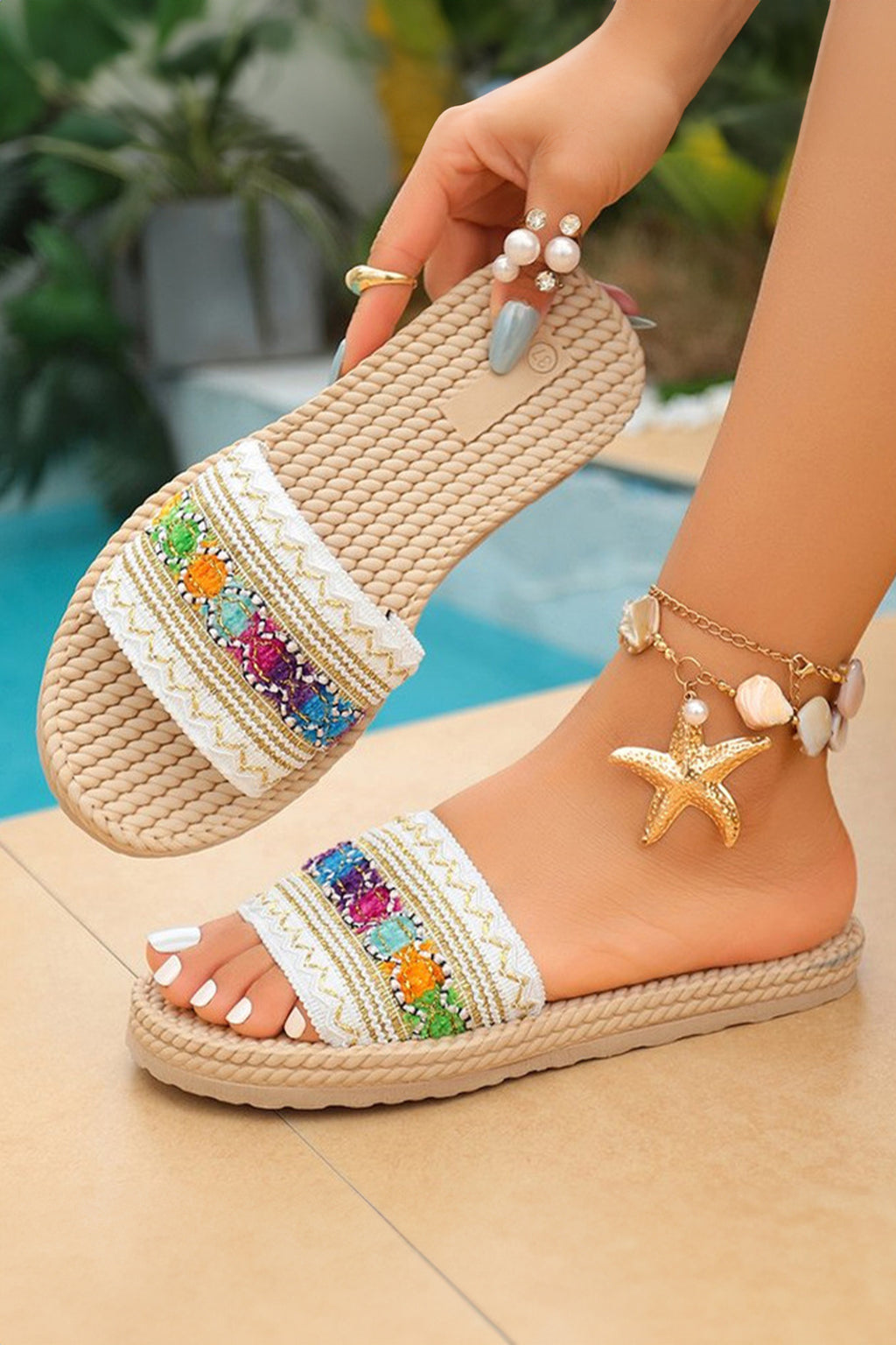 Parchment Bohemian Vacation Woven Colorful Detail Wide Band Slippers