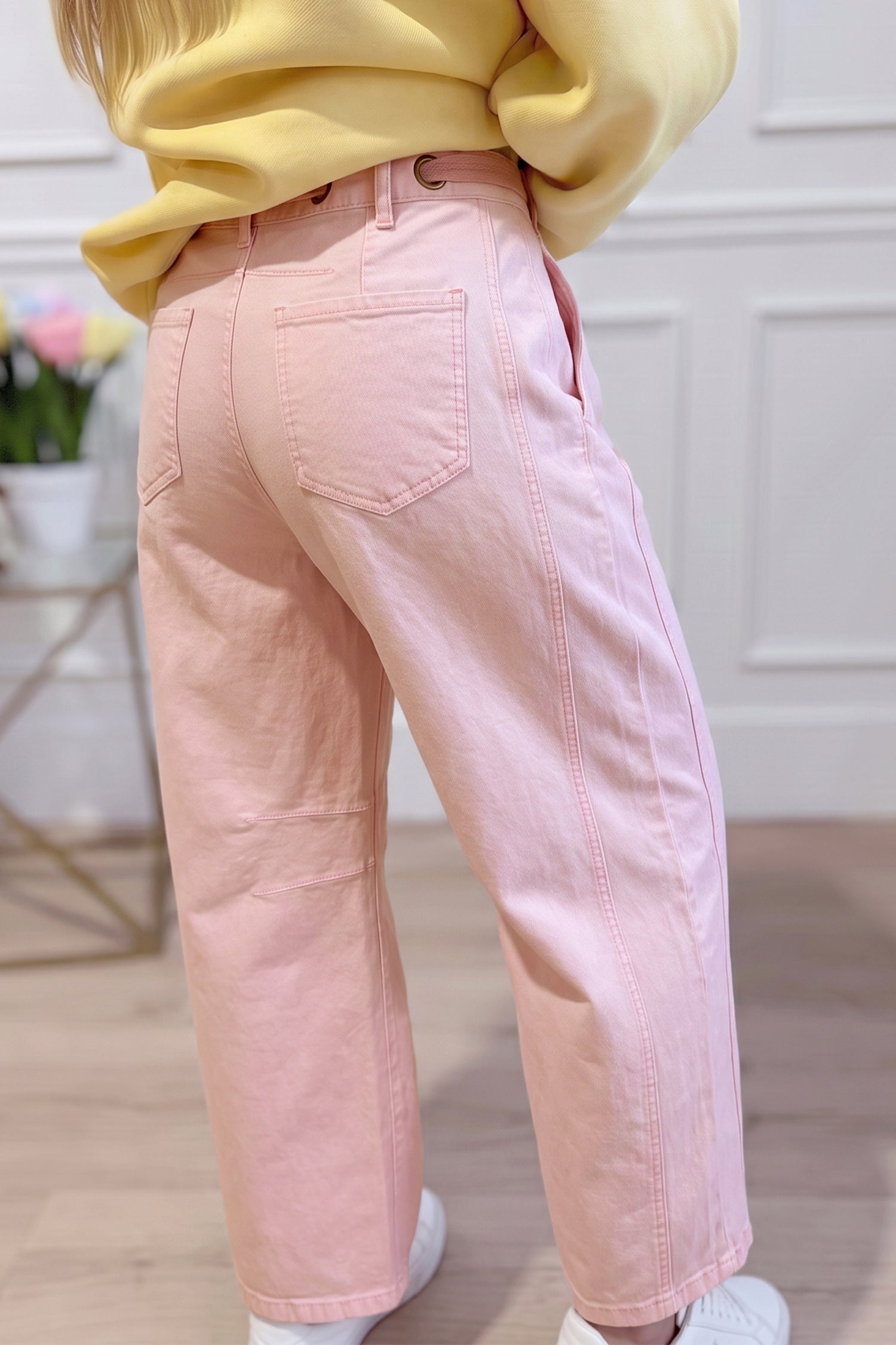 Light Pink Solid Color Grommet Detail Knot Waist Barrel Jeans