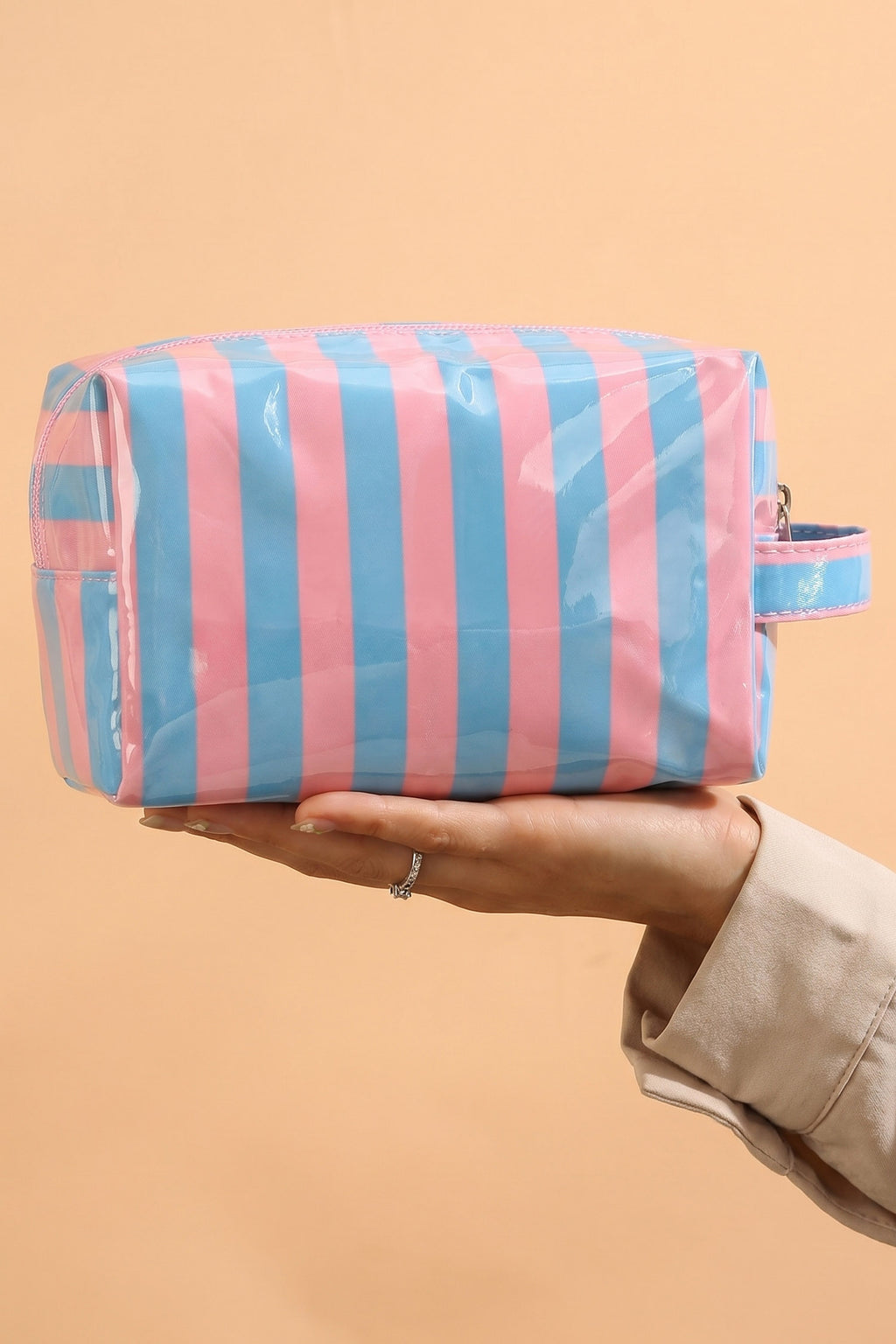 Fiery Red PVC Striped Cosmetic Bag Durable Zipper Handle Travel Organizer