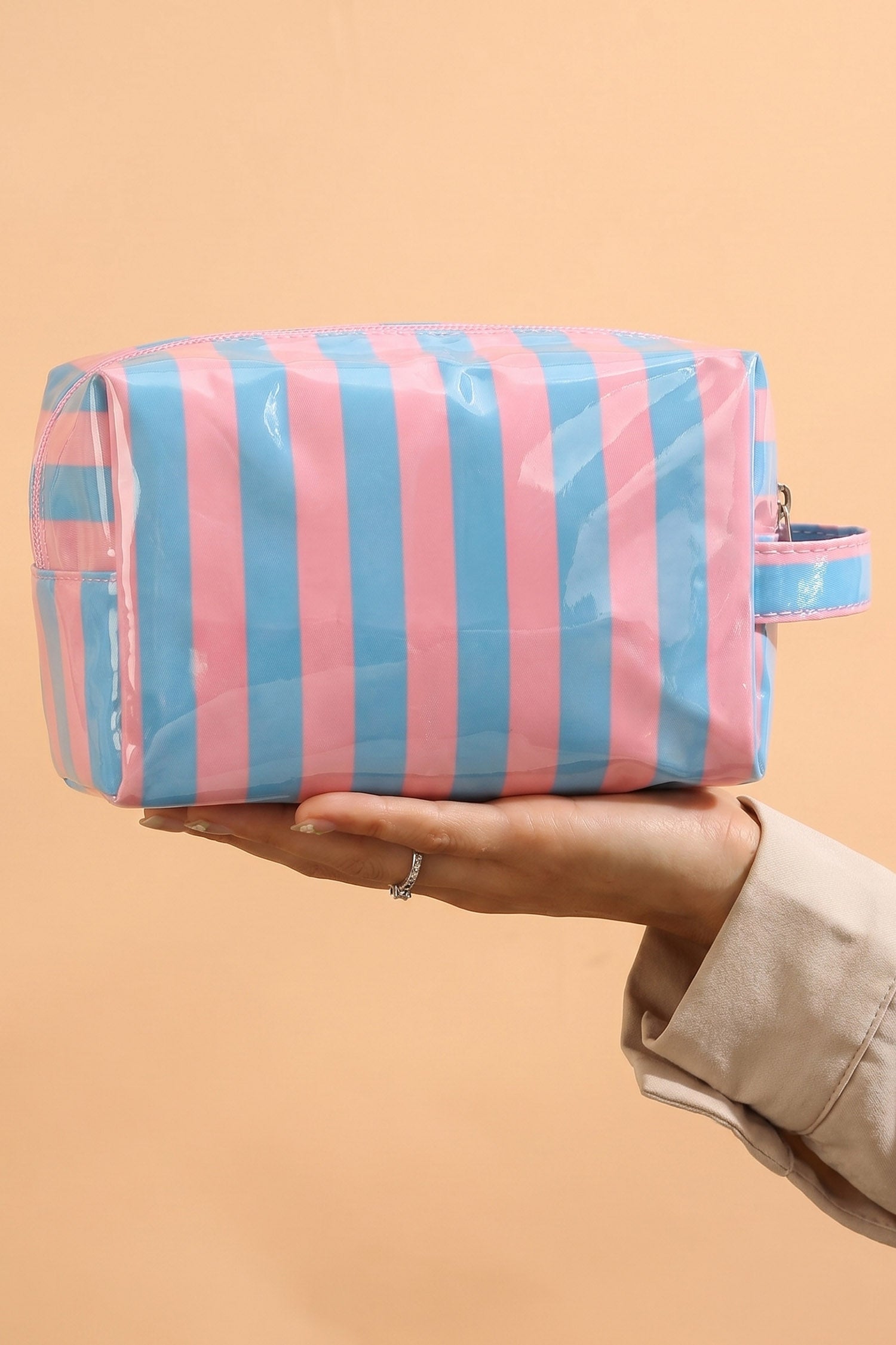 Fiery Red PVC Striped Cosmetic Bag Durable Zipper Handle Travel Organizer