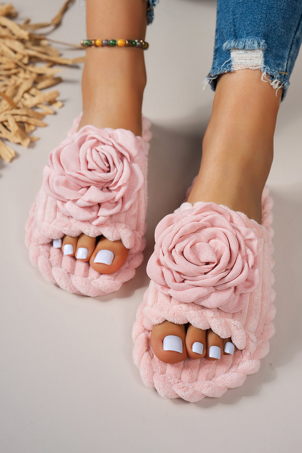 Pink Solid Color 3D Flower Accent Corded Ribbed Open Toe Slippers