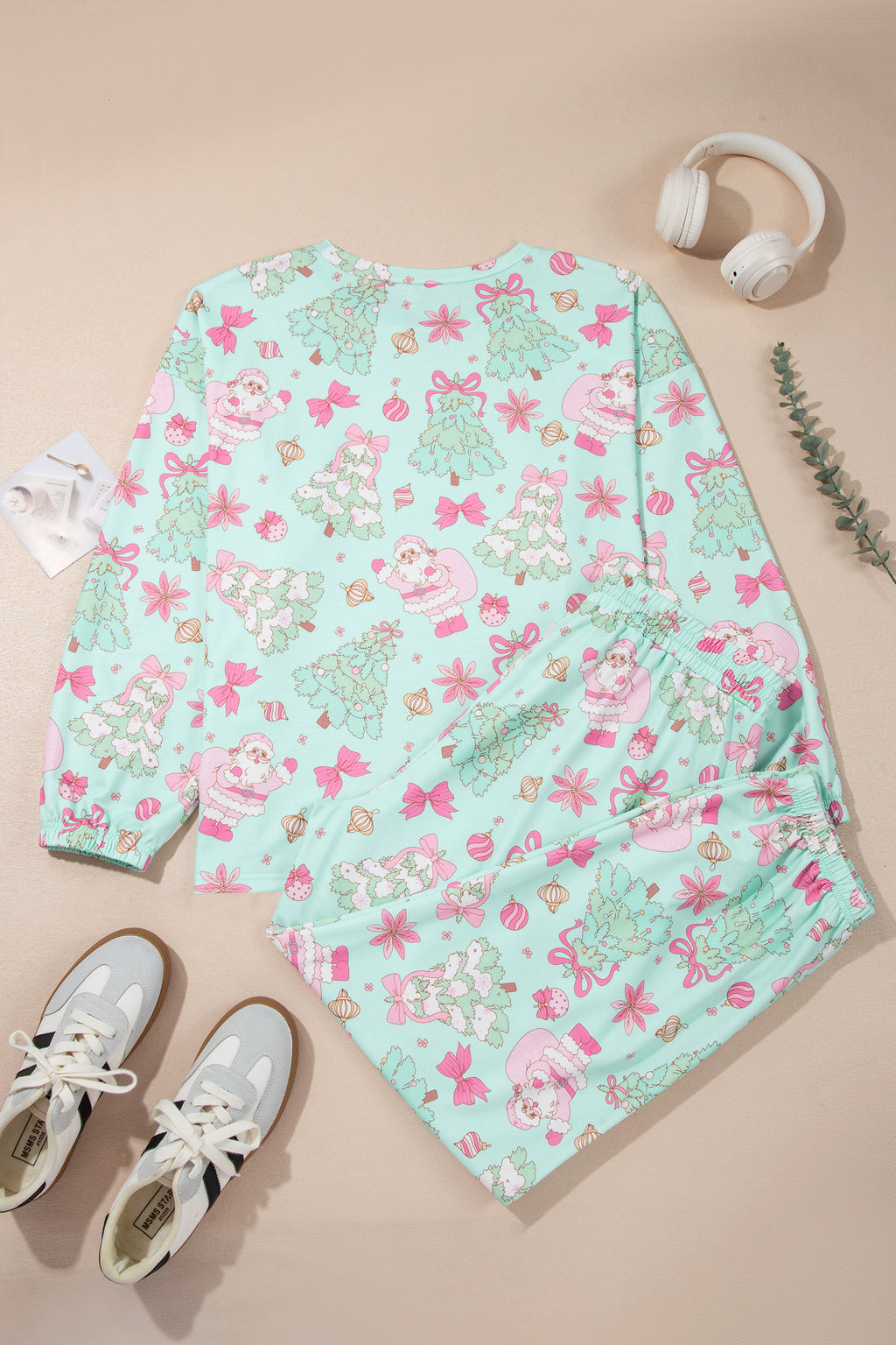 Green Abstract Print Long Sleeve Two Piece Lounge Set