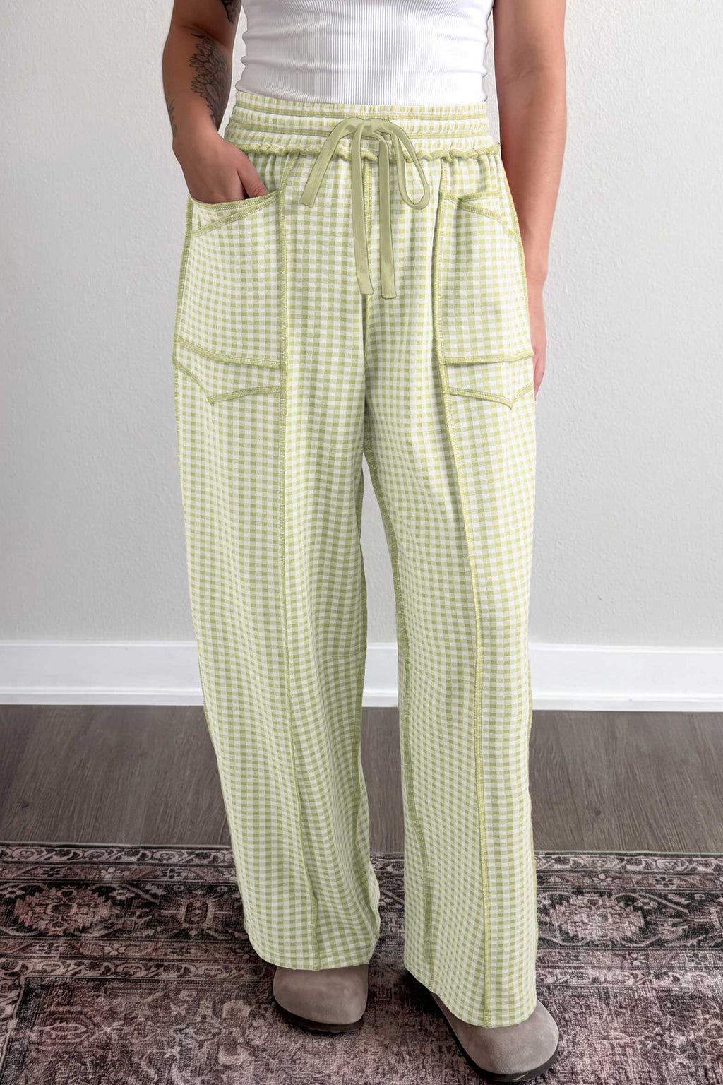 Green Plaid Contrast Trim Drawstring Elastic Waist Shift Pants