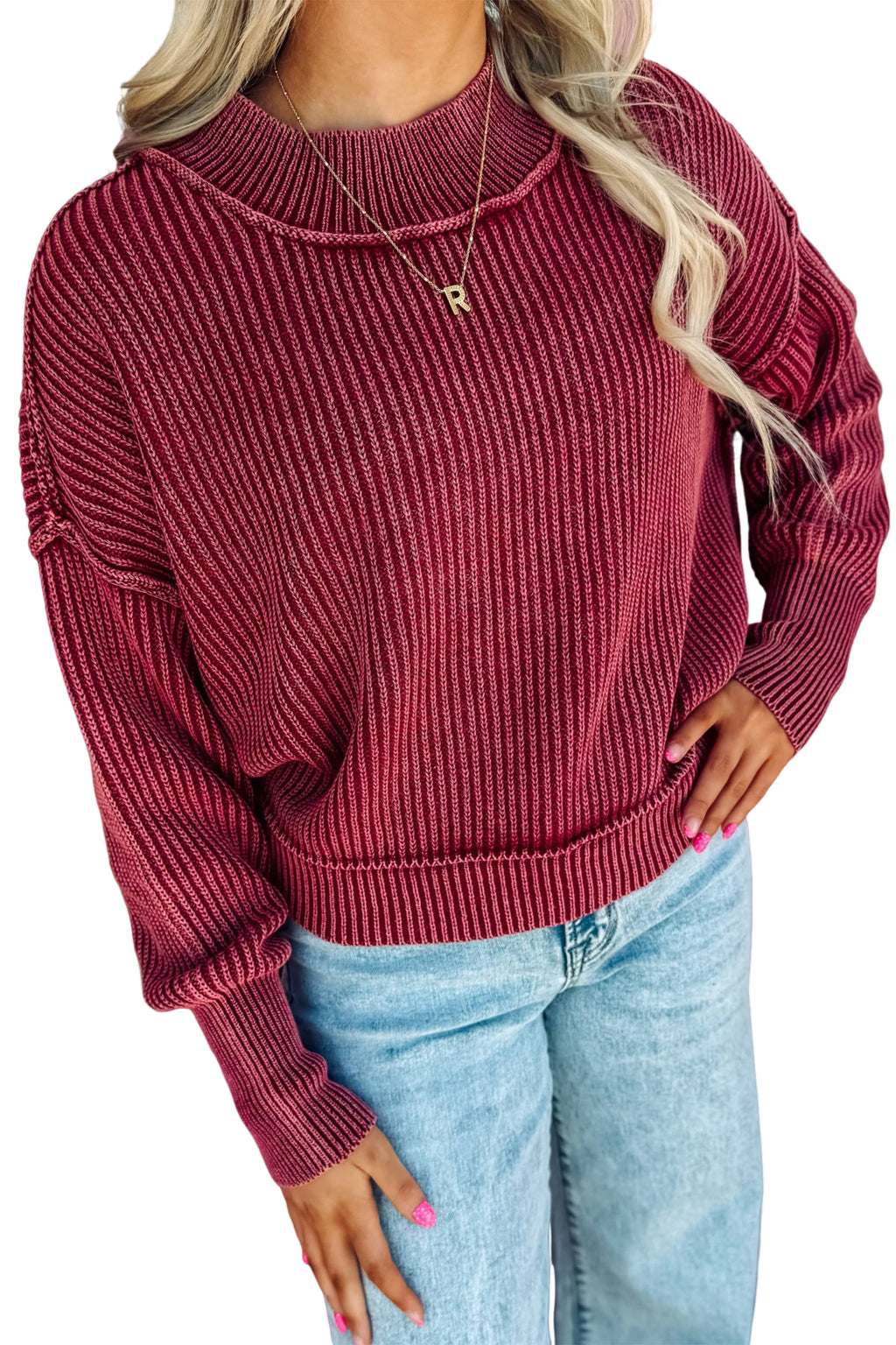 Red Dahlia Drop Shoulder High Neck Ribbed Sweater