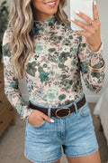 Green Western Style Floral Print Long Sleeve Mesh Top