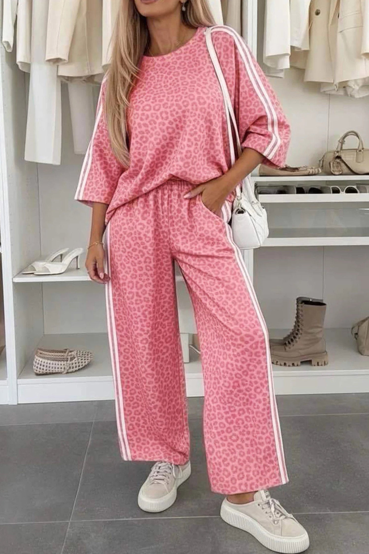 Apricot Leopard Print Varsity Striped Detail 3/4 Sleeve Top Shift Pant Set