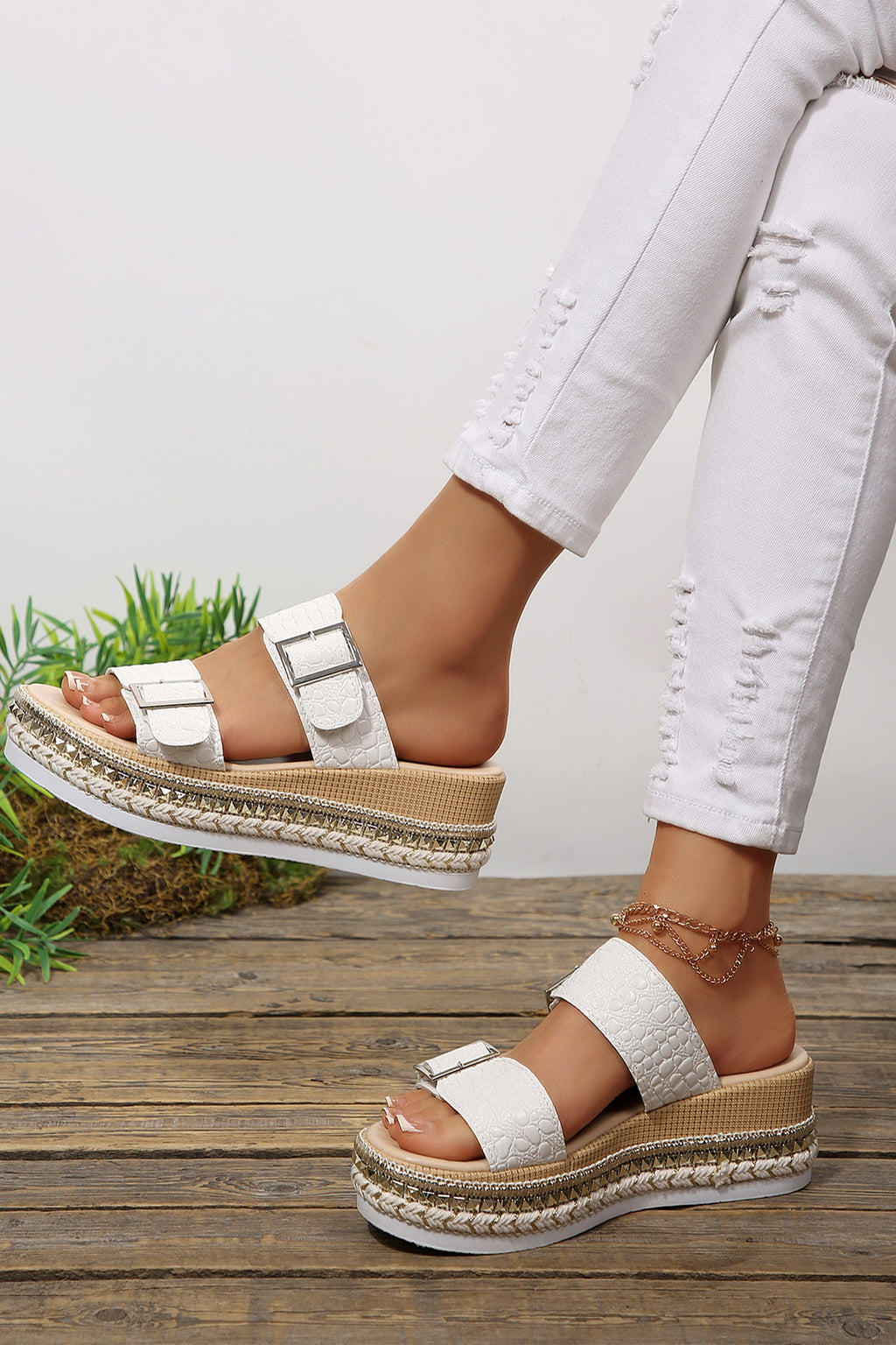 White Metallic Textured PU Leather Buckle Wedge Platform Slippers