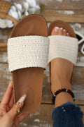 White Woven Wide Band Open Toe Flat Slippers