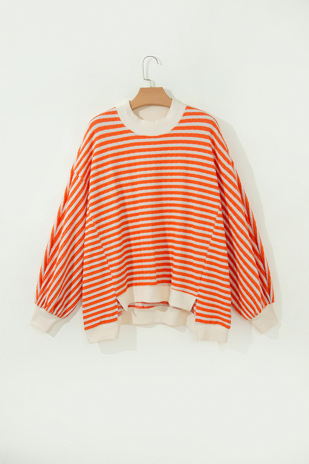 Orange Stripe Striped Textured Stand Neck Oversized Long Sleeve Top